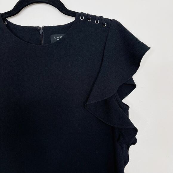 Laundry by Shelli Segal 8 Black Lace Shoulder Dress Crepe Shift Ruffle Sleeves - Picture 3 of 8